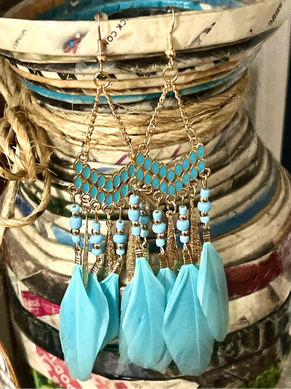 Boho Gold-Tone Turquoise Feather Drop Earrings